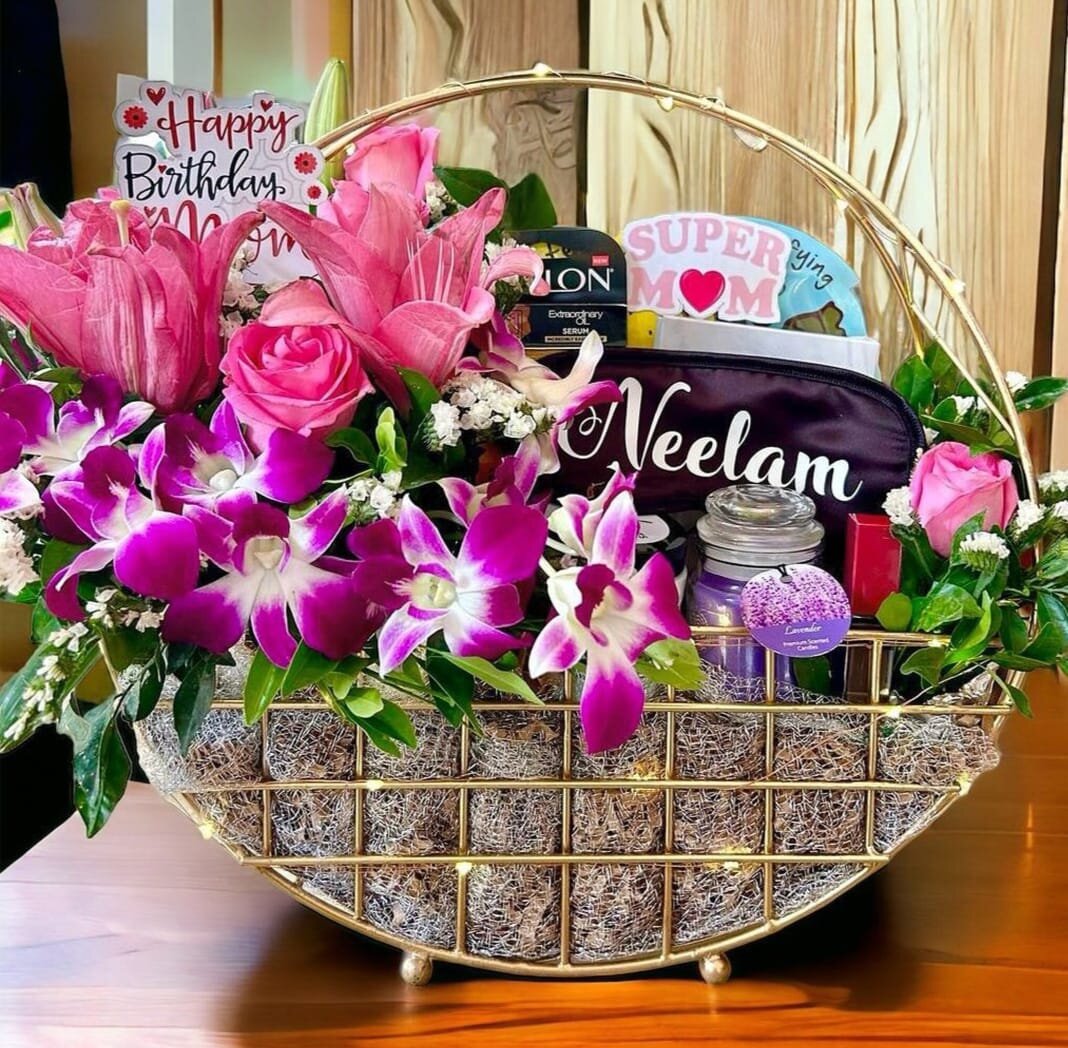 Custom birthday flower basket with pink roses and personalized banner