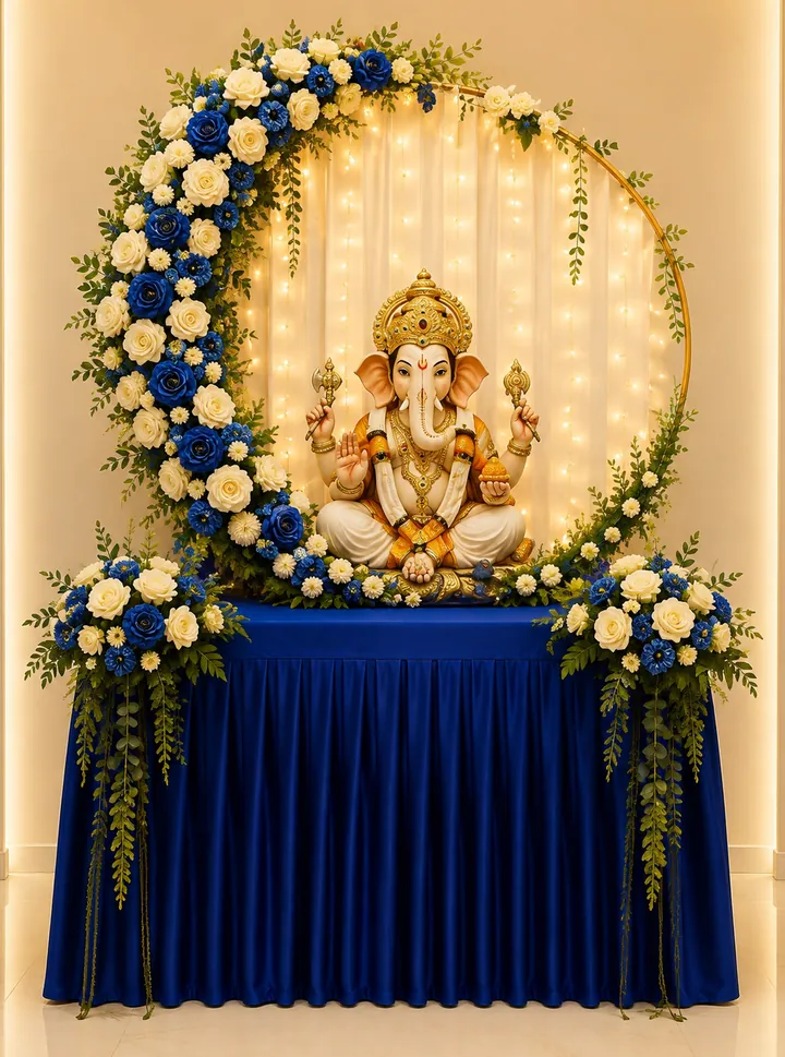 Royal Blue Ganpati décor — Ivory blooms on deep blue — calm and regal