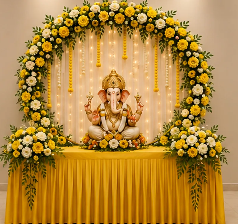 Ivory Gold Ganpati décor — Champagne golds, ivory blooms and soft bells
