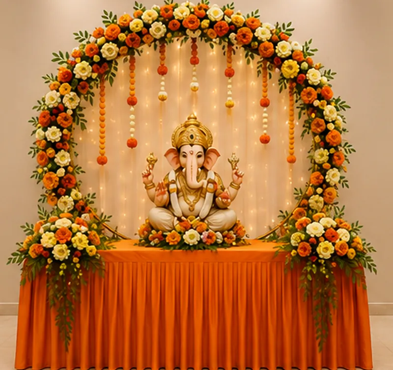 Marigold Orange Ganpati décor — The classic festive marigold, full of warmth