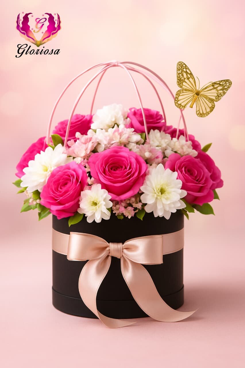 Pink roses in designer cage box with butterfly accent