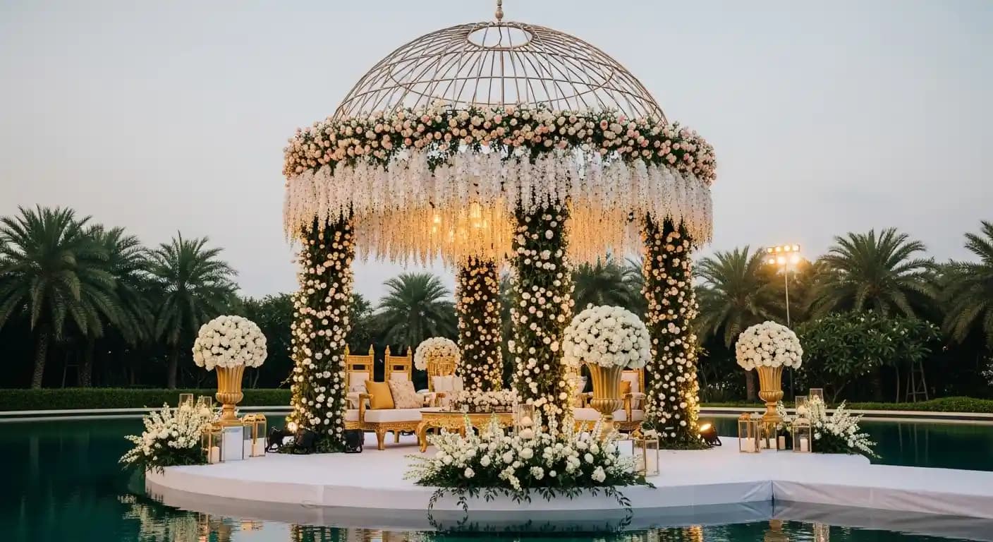 Luxury wedding mandap decorated with fresh flowers