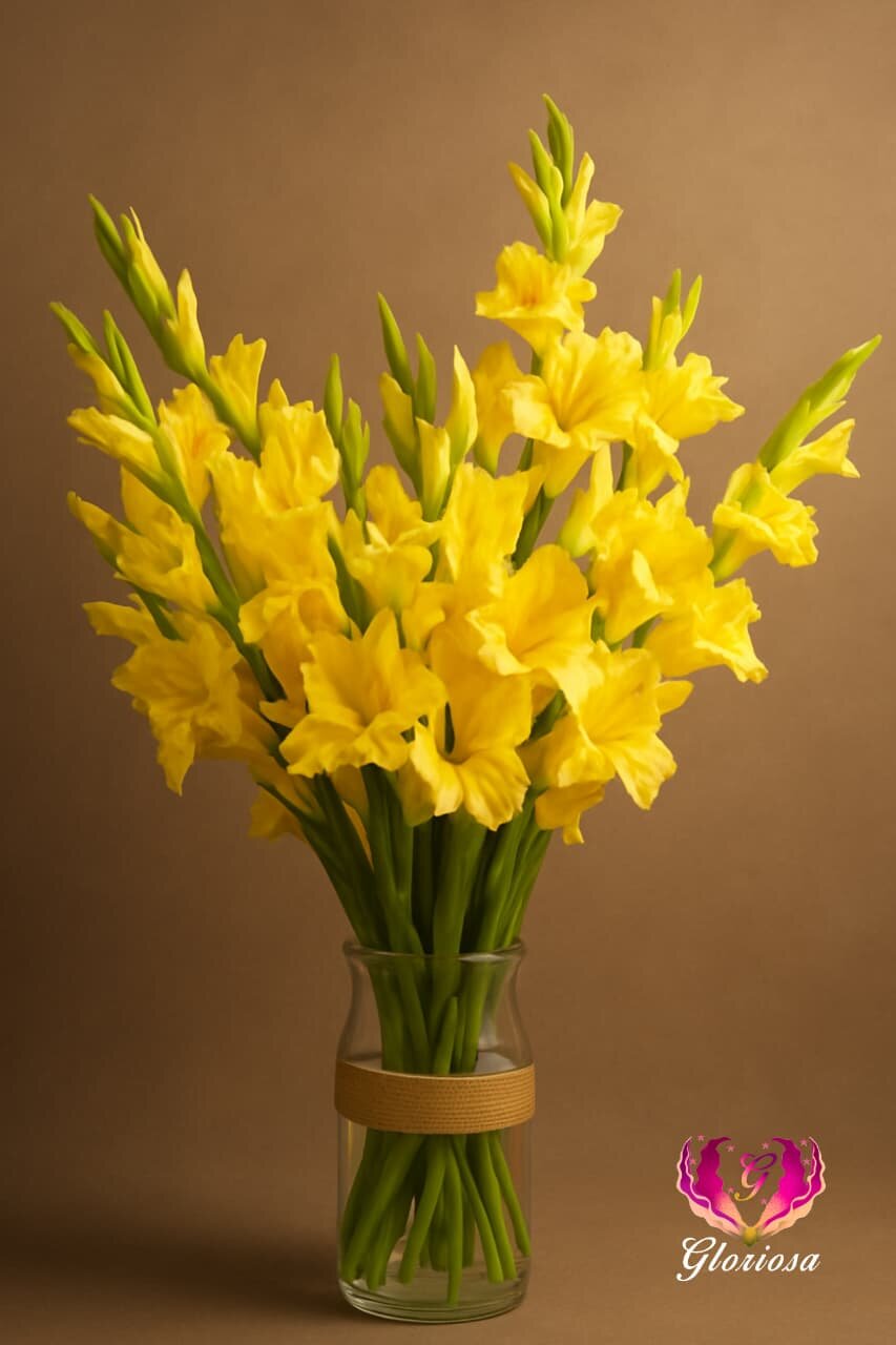Yellow gladiolus arrangement in rustic glass vase